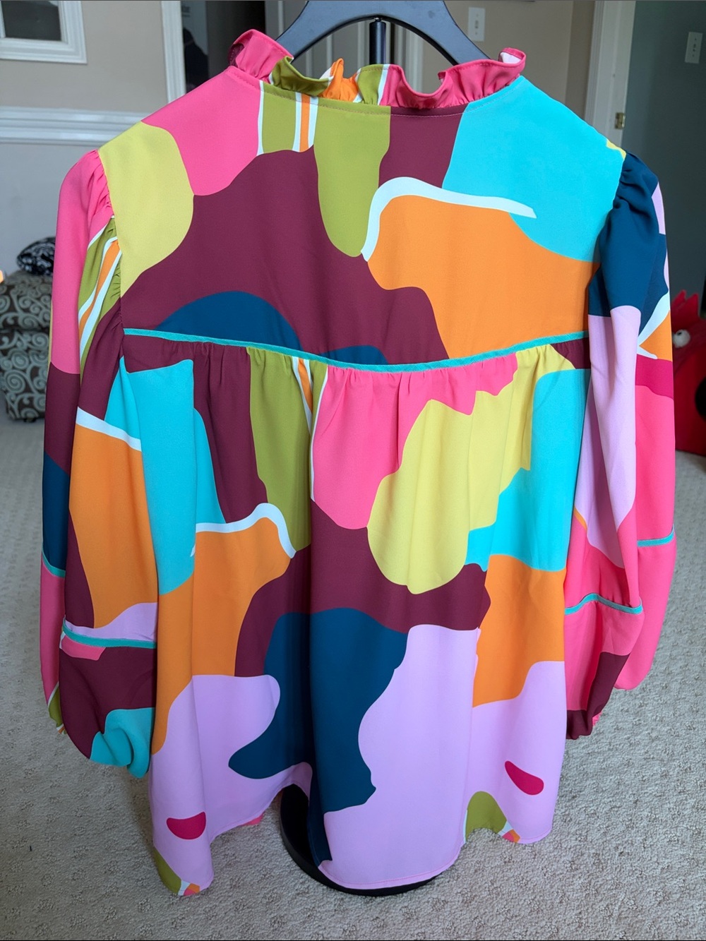 CROSBY by Mollie Burch Multicolor Abstract Ruffle-Neck Peasant Blouse - Picture 2 of 2